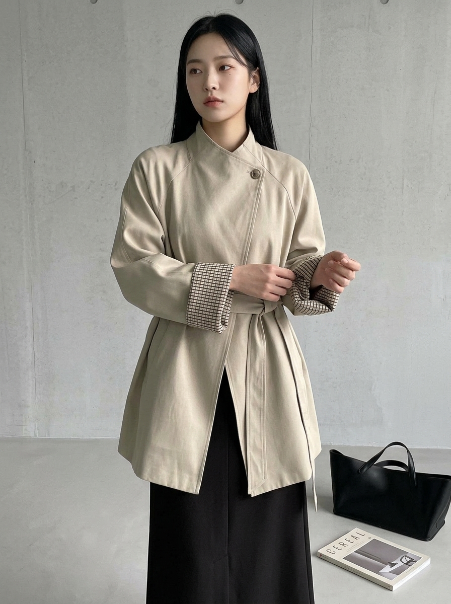 루즈핏 체크배색 하프 트렌치코트 여성 가을 이미지 2