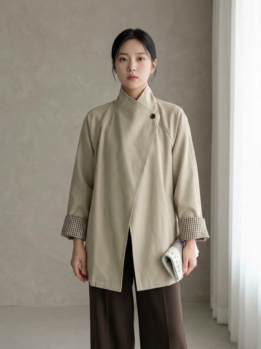 루즈핏 체크배색 하프 트렌치코트 여성 가을 이미지 3