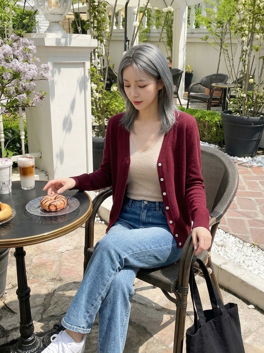버건디 V넥 가디건 카페 테라스 코디 스타일링 컷