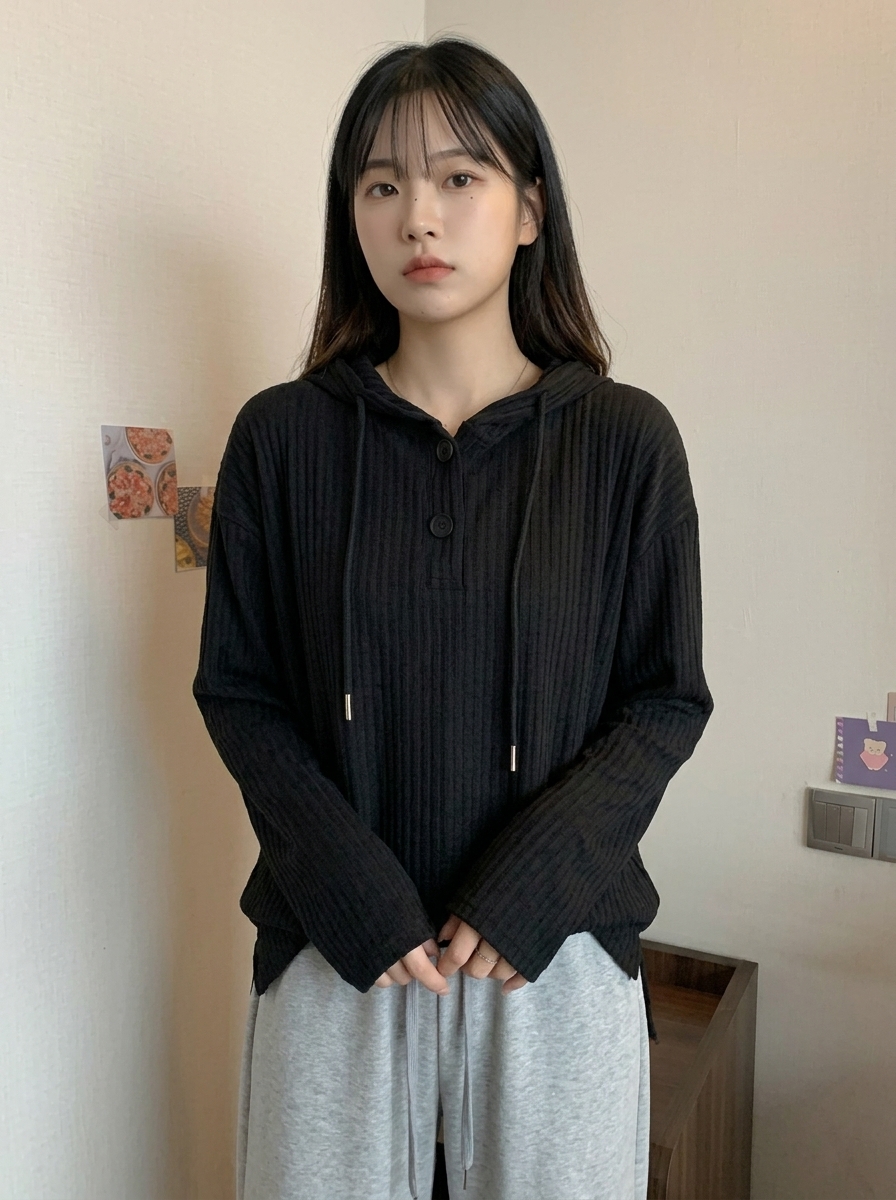 블랙 골지 후드 티셔츠 실내 착용 정면 컷