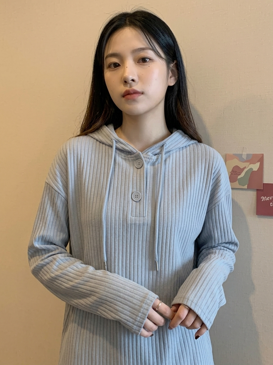 라이트 그레이 후드 티셔츠 헨리넥 반오픈 클로즈업