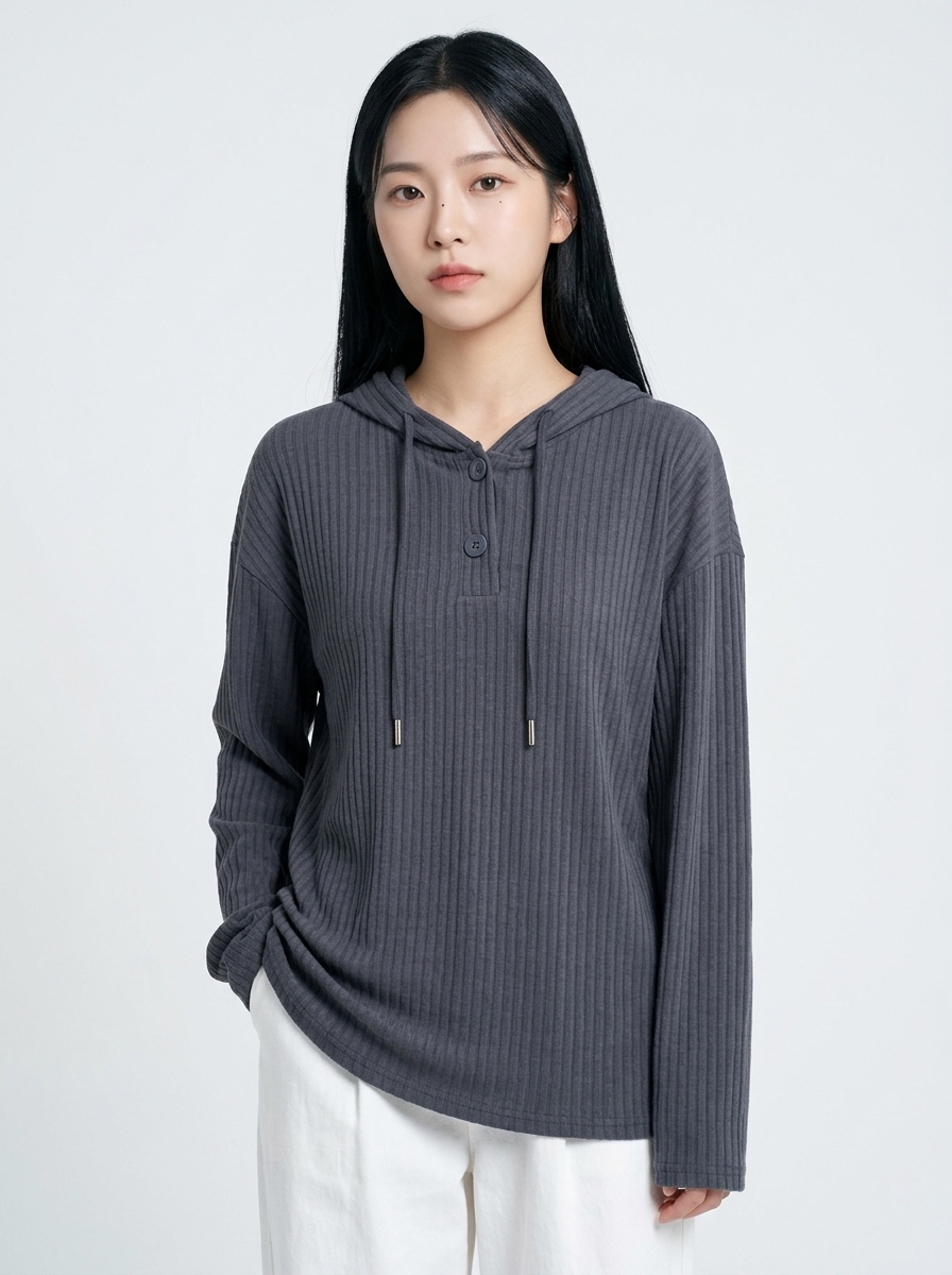 다크 그레이 골지 후드 티셔츠 모델 정면 착용 컷