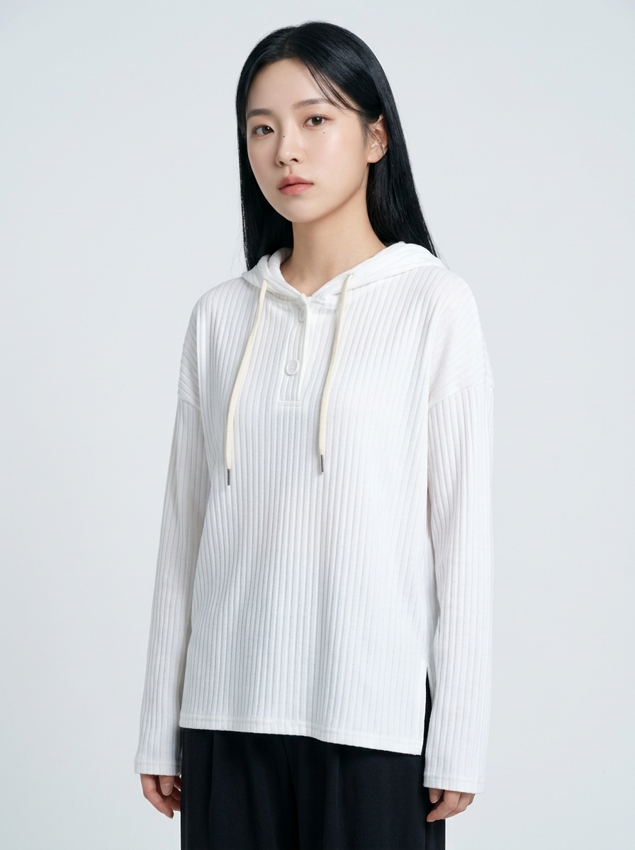 화이트 골지 후드 티셔츠 모델 측면 착용 컷