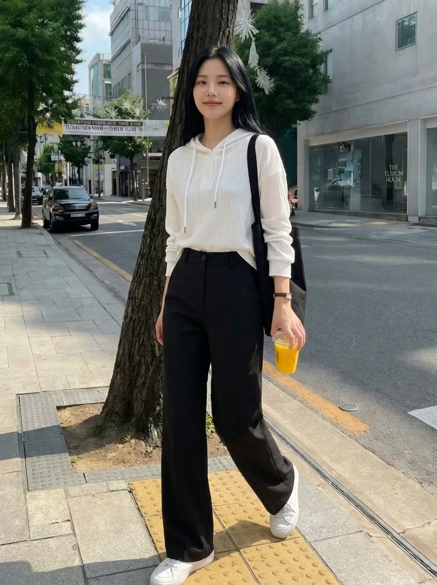 가로수 아래 블랙 슬랙스 데일리 코디 착용 컷