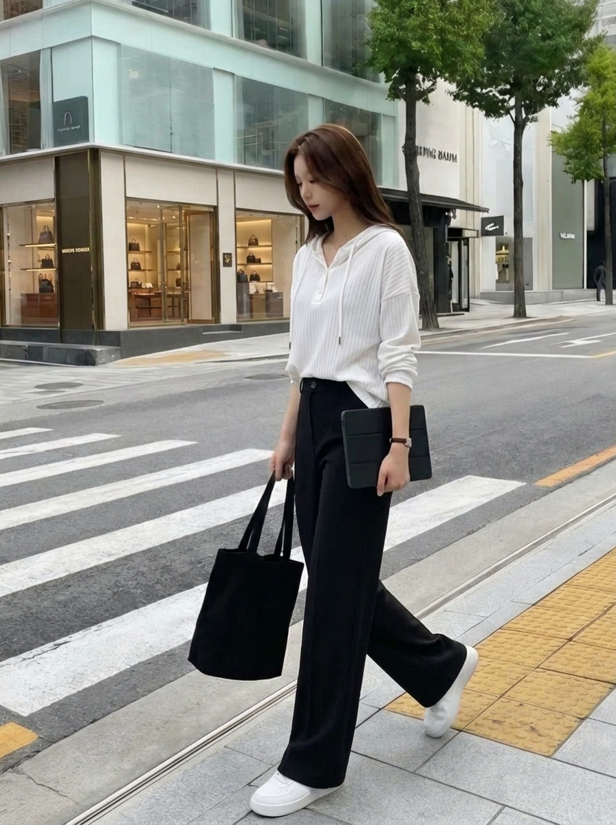 거리에서 블랙 와이드 팬츠에 토트백 매치한 스트릿 컷