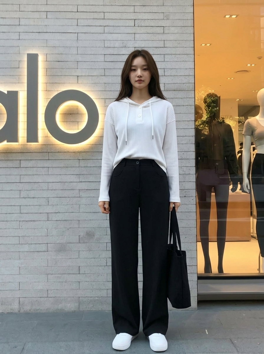 매장 앞에서 블랙 와이드 슬랙스 코디한 전신 착용 컷