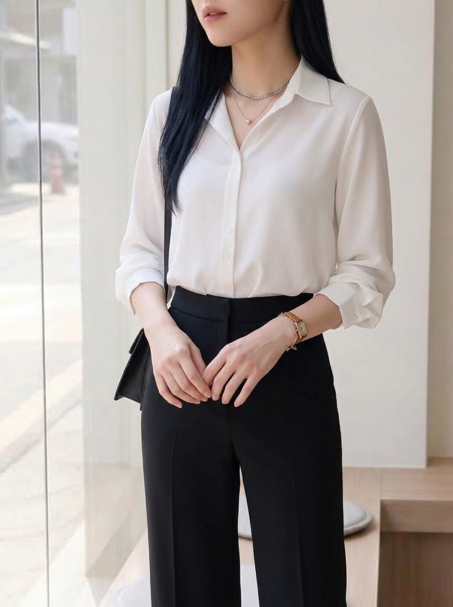 화이트 쉬폰 셔츠 모델 착용 정면 상반신 클로즈업 컷