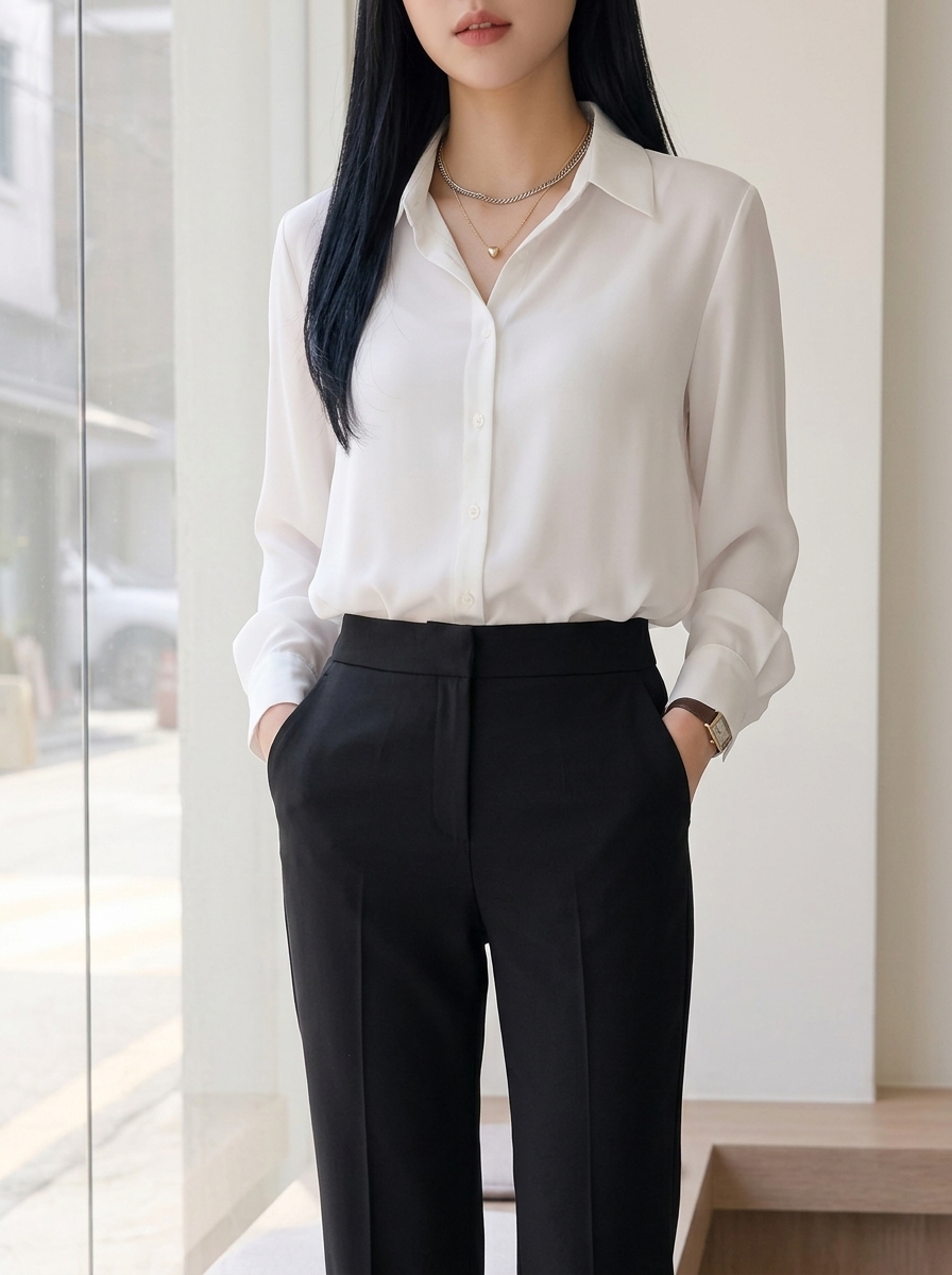 루즈핏 쉬폰 카라넥 긴소매 셔츠 여성 블라우스