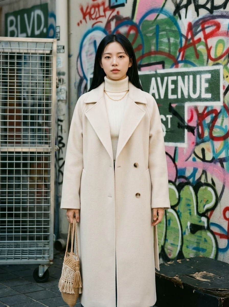 그래피티 배경의 아이보리 롱 코트 스트릿 룩