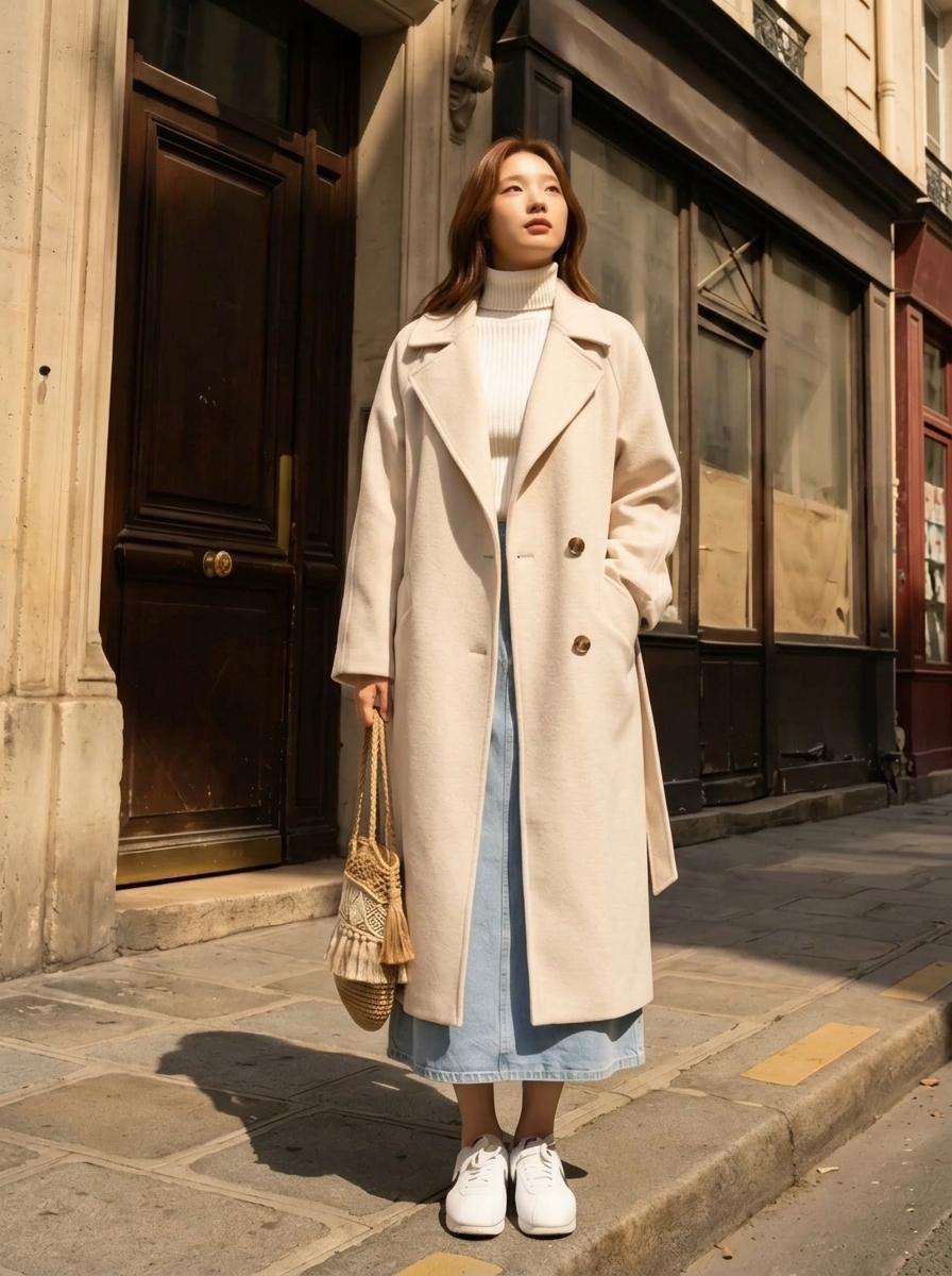 거리에서 촬영한 아이보리 롱 코트 데일리룩