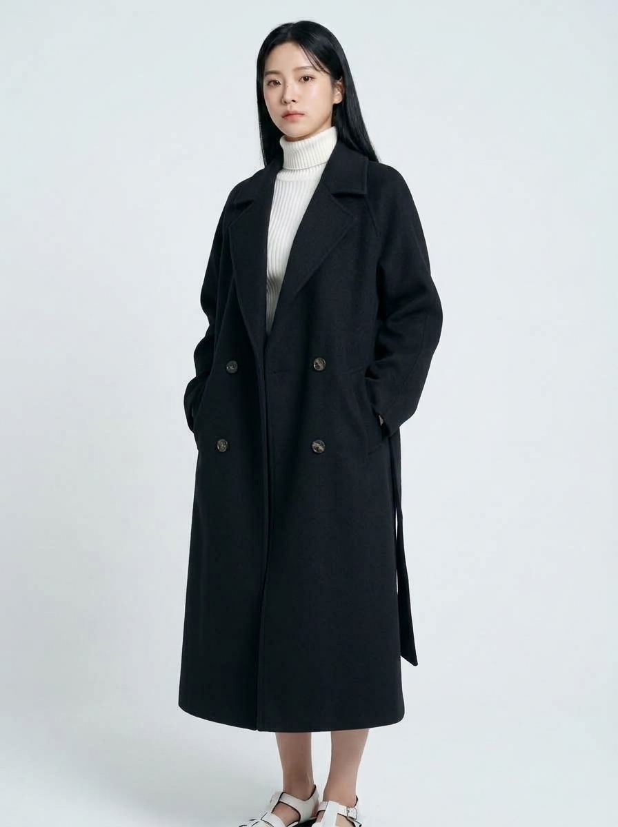 블랙 컬러 롱 모직 코트 모델 정면 착용 컷