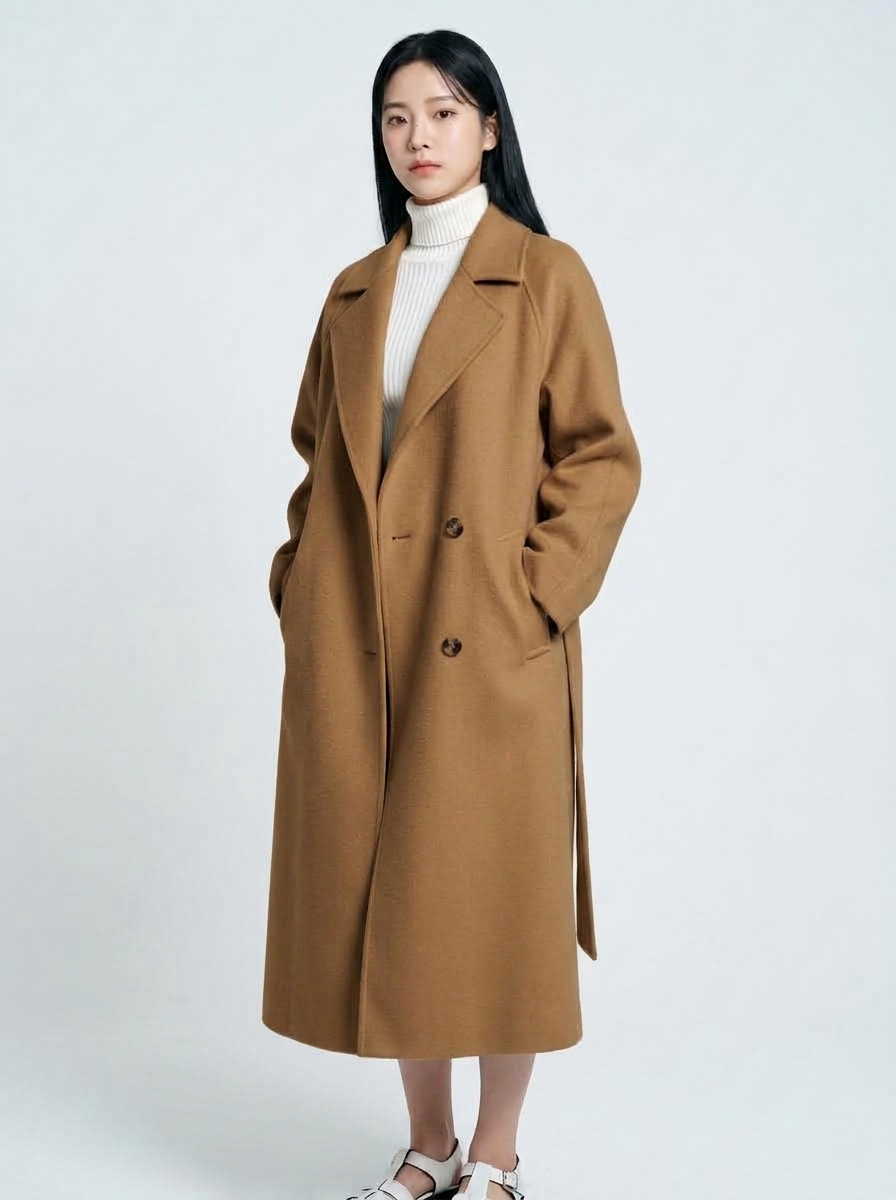 진한 베이지 롱 모직 코트 모델 정면 착용 컷