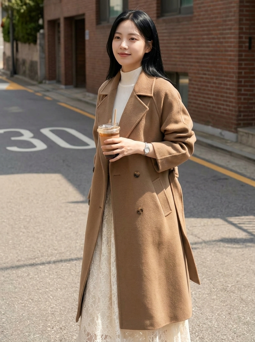 골목길에서 촬영한 진한 베이지 코트 코디
