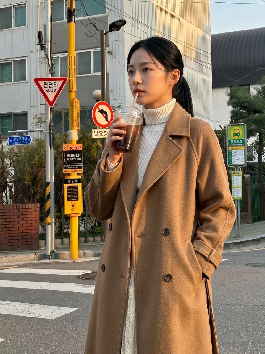 횡단보도 앞 진한 베이지 롱 코트 착용 컷