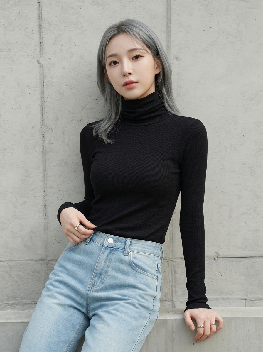 화이트 터틀넥 블랙 진 코디 여성 모델 전신 착용 컷