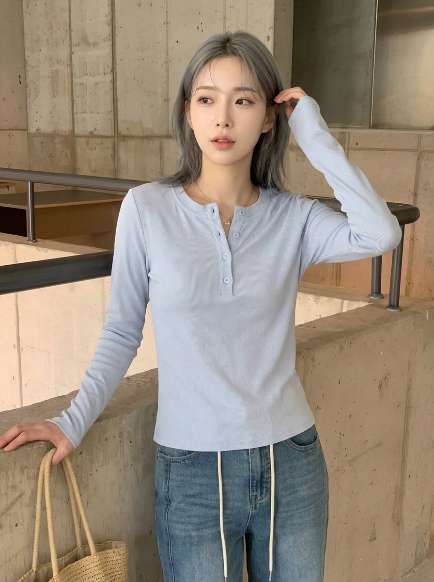 헨리넥 버튼 슬림핏 긴소매 티셔츠 여성 봄