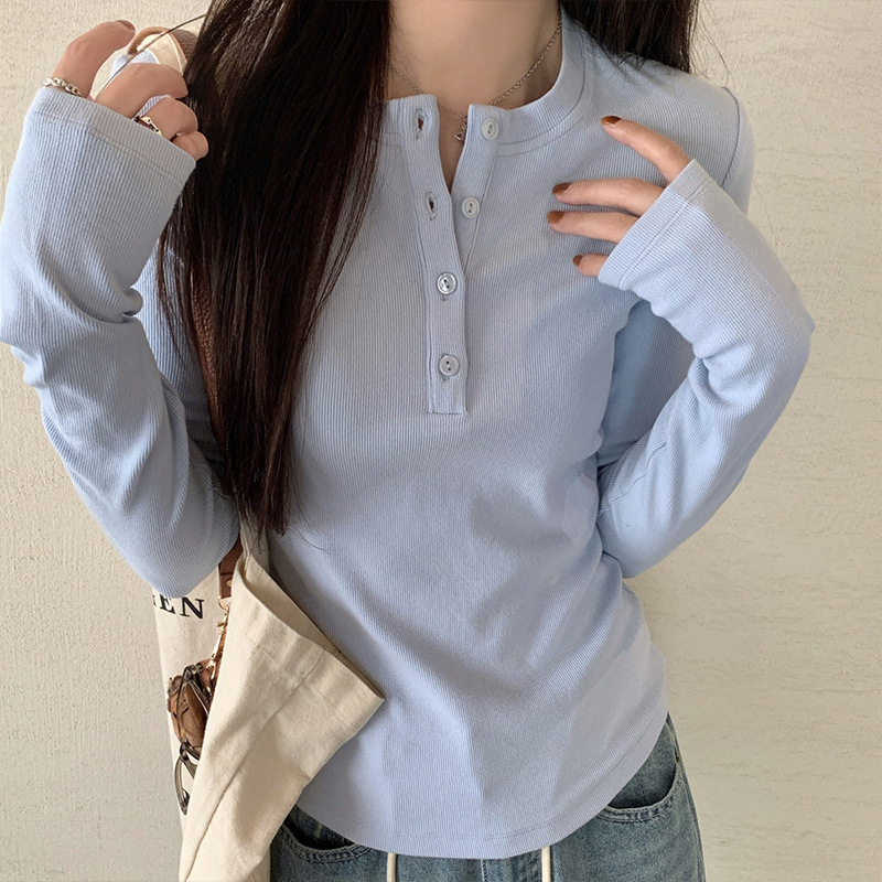 헨리넥 버튼 슬림핏 긴소매 티셔츠 여성 봄 이미지 4