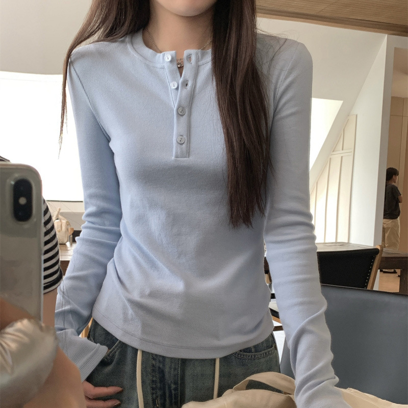 헨리넥 버튼 슬림핏 긴소매 티셔츠 여성 봄 이미지 2