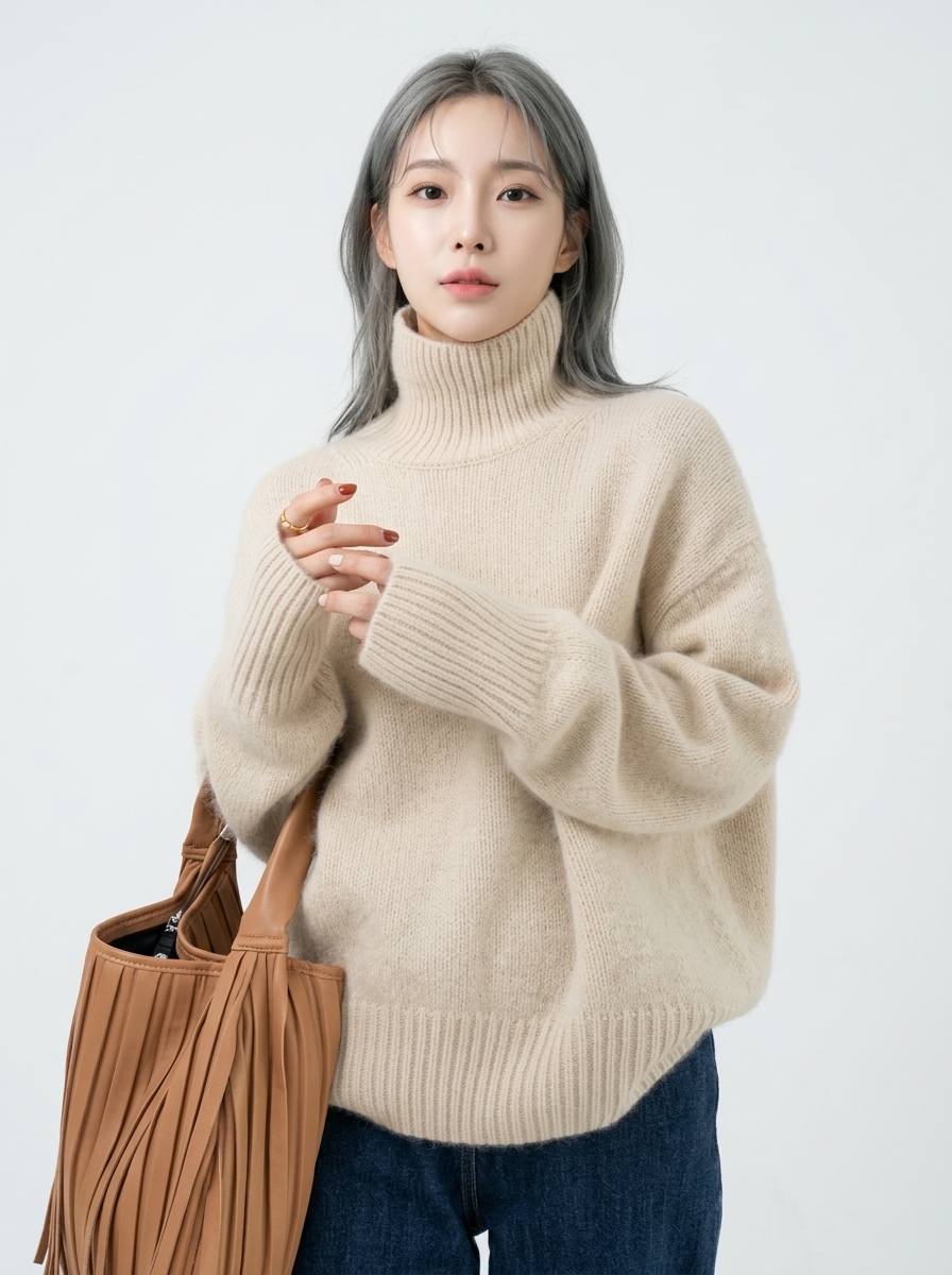 살구 컬러 터틀넥 니트 모델 착용 정면 컷