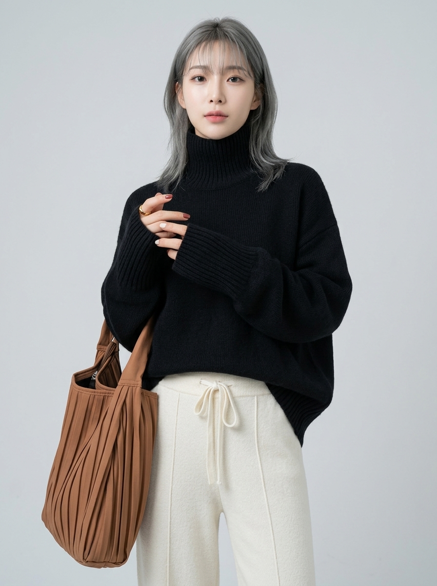 블랙 터틀넥 니트 오버핏 착용 컷