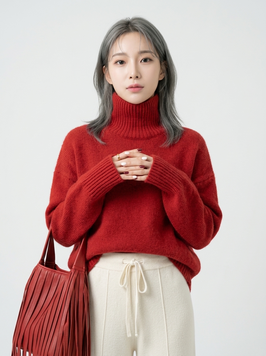 빨간색 터틀넥 니트 모델 착용 정면 컷