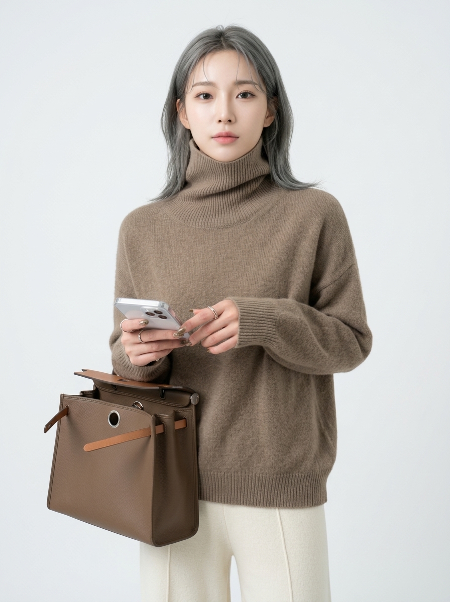 커피색 터틀넥 니트 모델 착용 정면 컷
