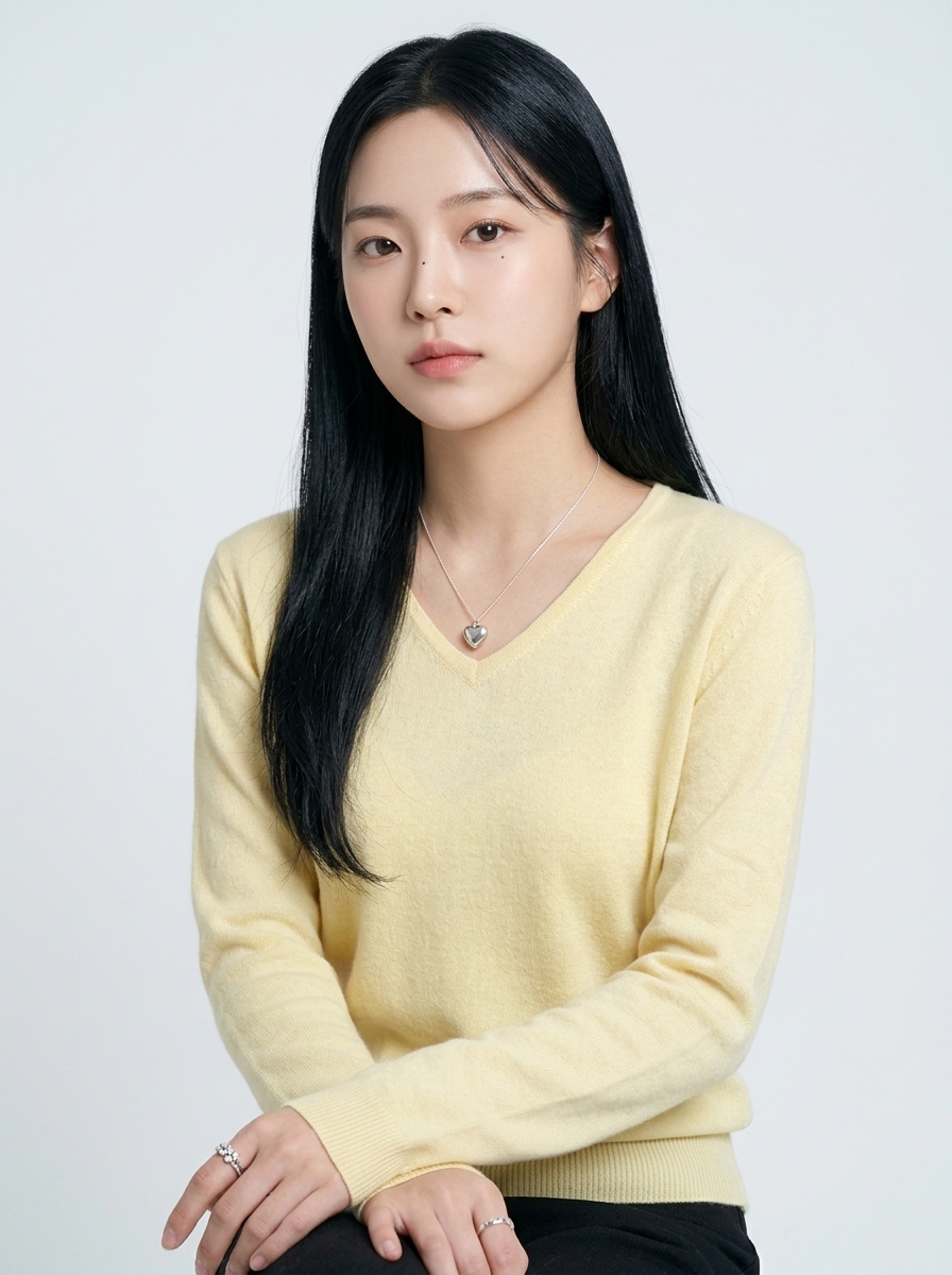 크리미 옐로우 브이넥 니트 모델 착용 컷