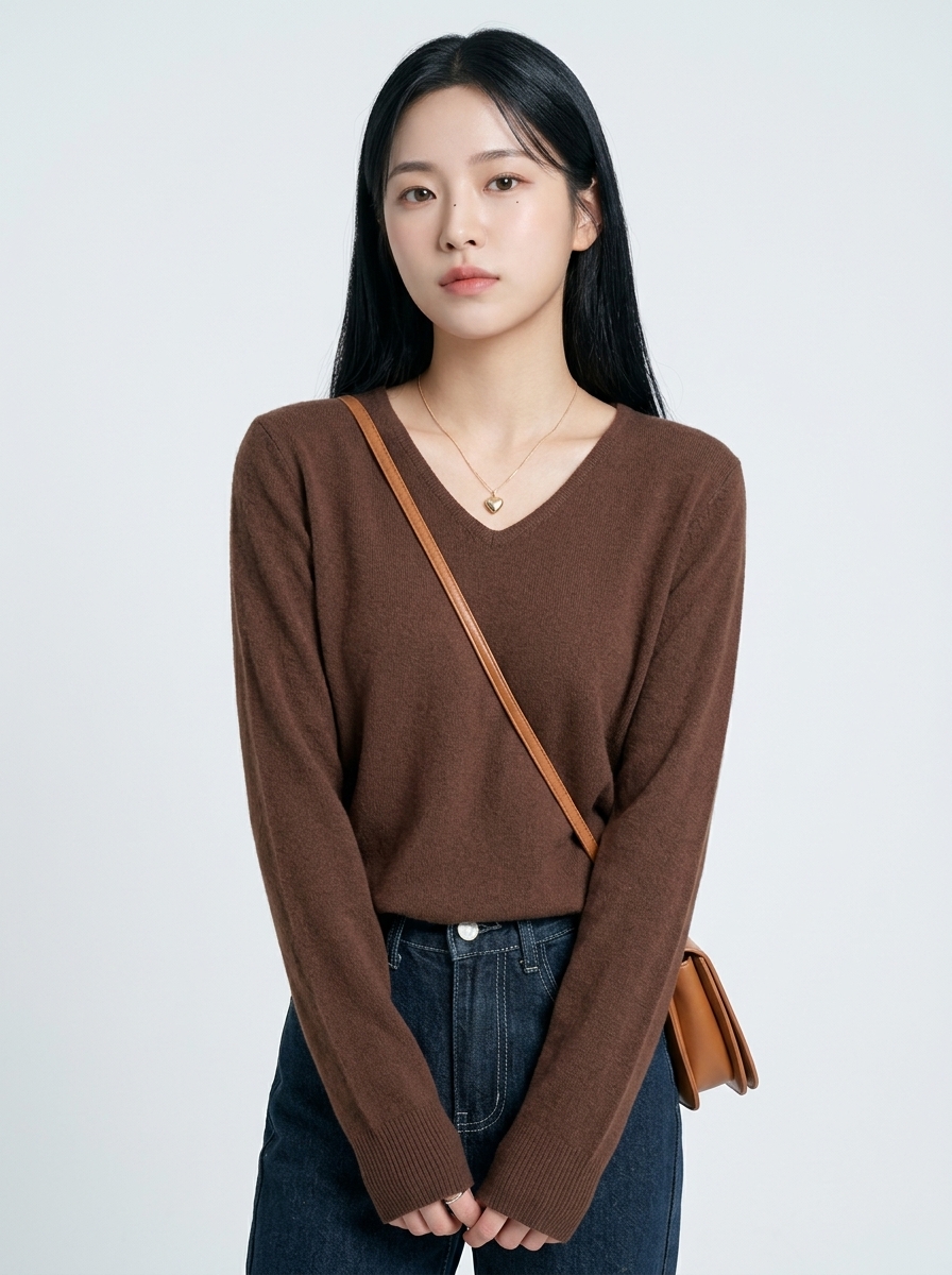 갈색 브이넥 니트 모델 착용 정면 컷