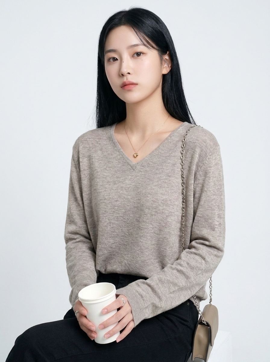 낙타색 브이넥 니트 컵 든 모델 착용 컷