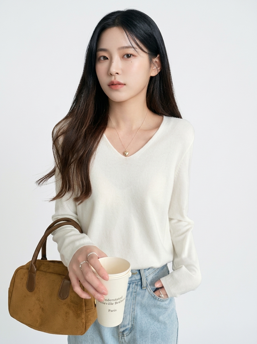 화이트 브이넥 니트 모델 착용 정면 컷