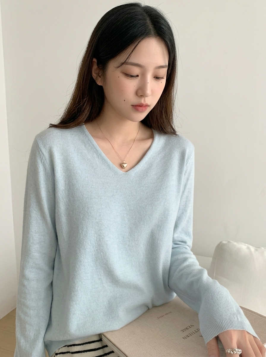 하늘색 브이넥 니트 착용한 모델 실내 컷