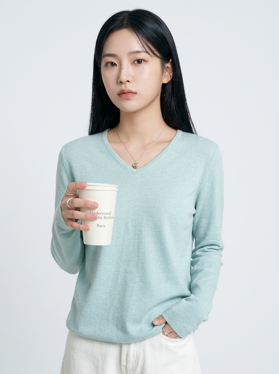 아이스 그린 브이넥 니트 컵 든 모델 착용 컷