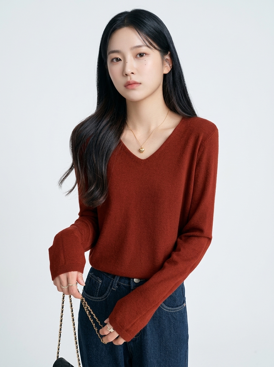러스트 레드 브이넥 니트 착용한 모델 정면 컷