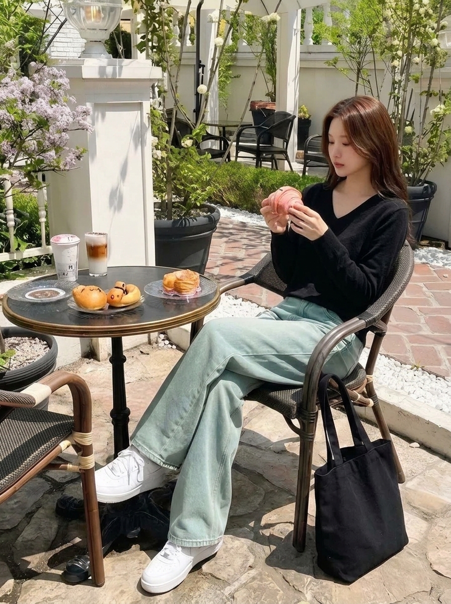 블랙 니트 카페에서 여유로운 스타일링 컷