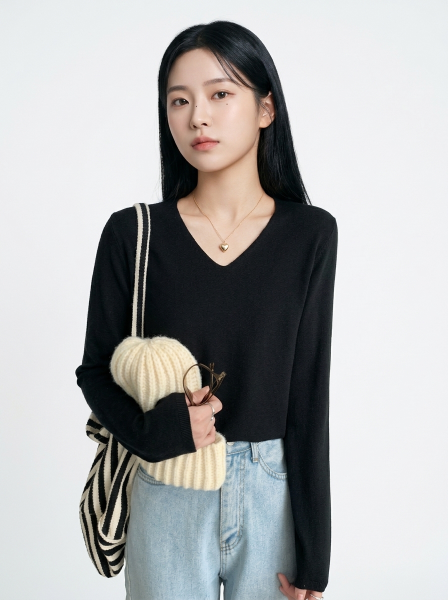 블랙 브이넥 니트 비니 든 모델 착용 컷