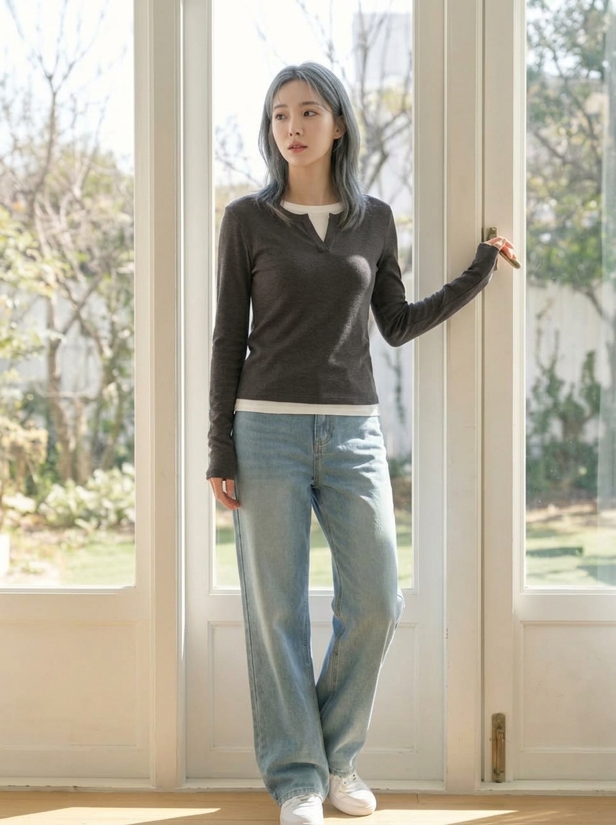 페이크 레이어드 슬릿넥 긴소매 티셔츠 여성 가을 이너웨어