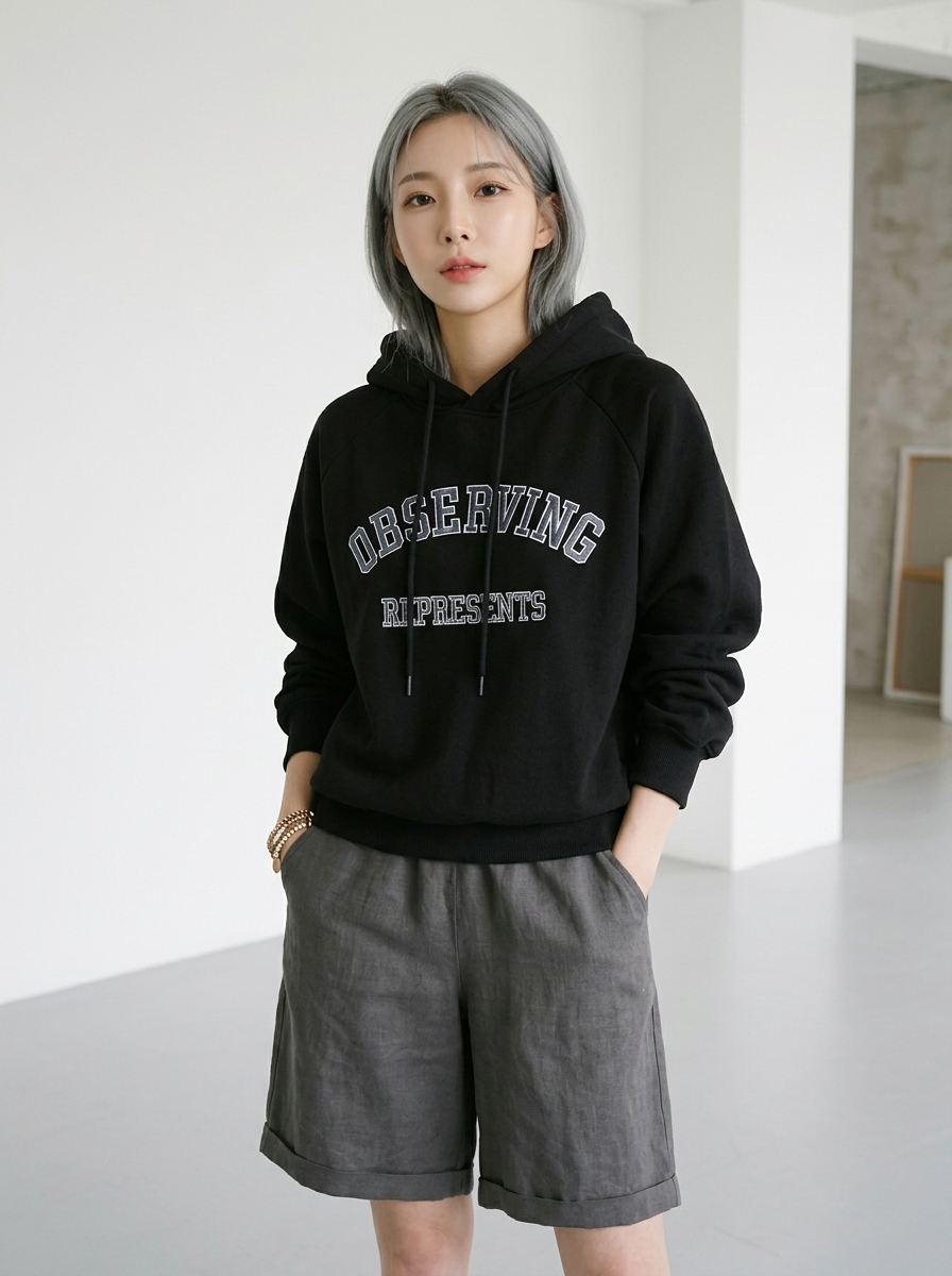 오버핏 레터링 자수 후드 스웨트셔츠 여성 캐주얼 루즈핏 이미지 4