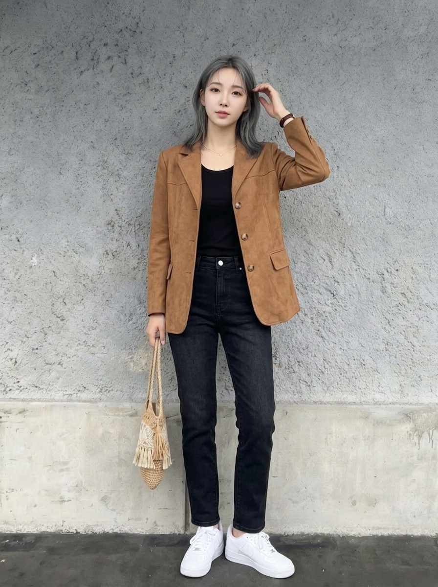 브라운 자켓과 블랙 스트레이트 청바지 콘크리트 벽 착용 컷