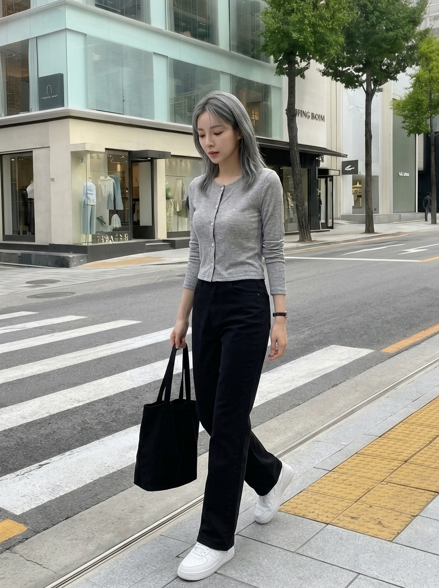 그레이 가디건과 블랙 스트레이트 청바지 횡단보도 착용 컷