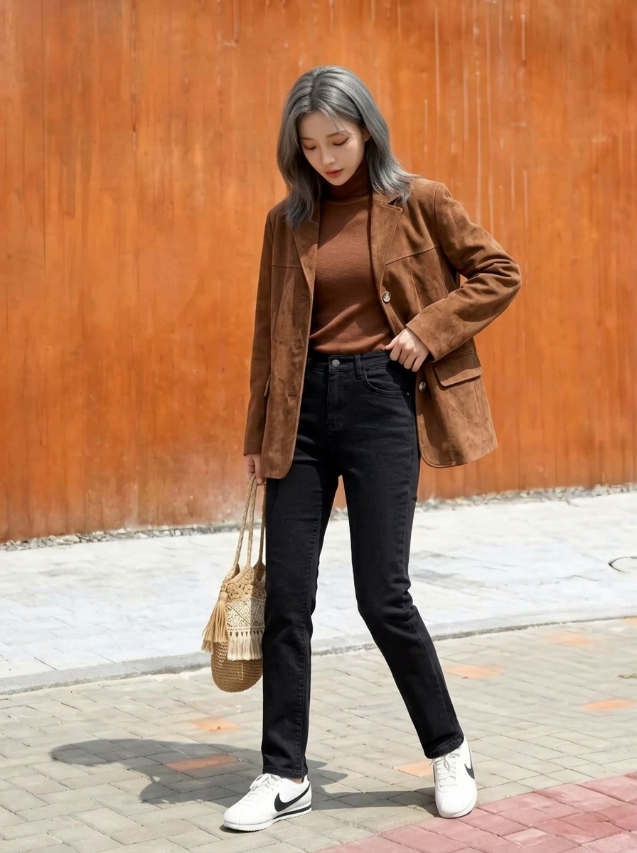 브라운 자켓과 블랙 청바지 야외 햇살 착용 전신 컷