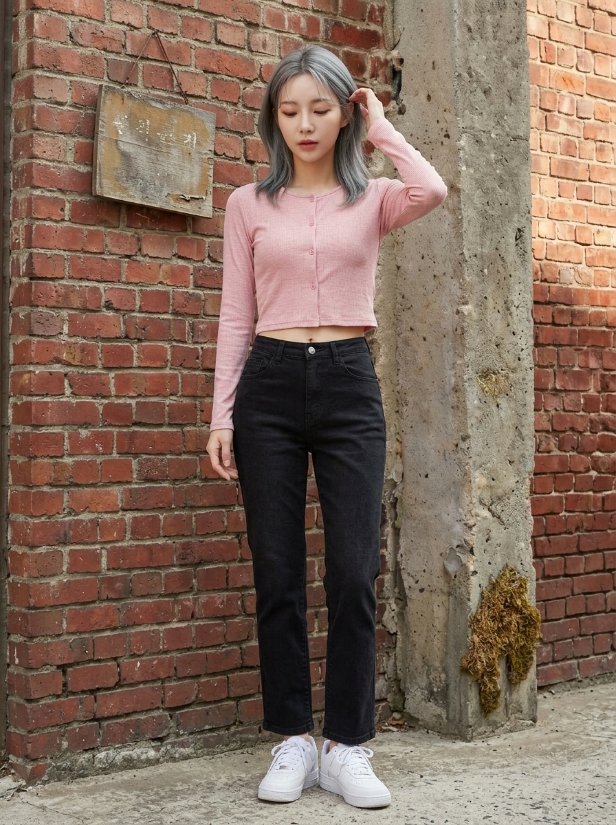 블랙 후드와 레트로 블루 스트레이트 청바지 하체 착용 컷