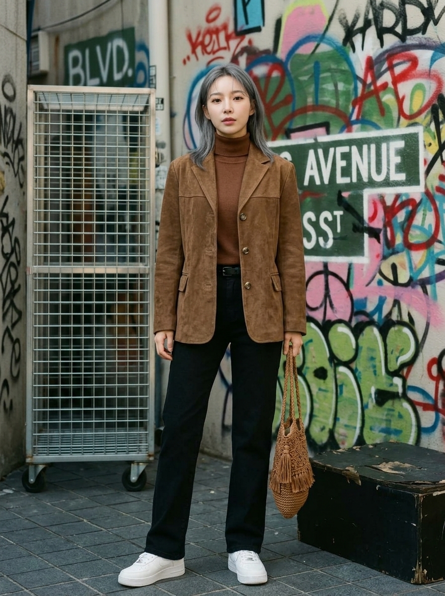 브라운 스웨이드 자켓과 블랙 청바지 그라피티 배경 착용 컷