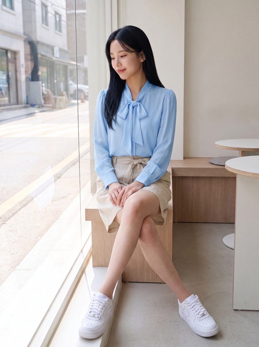 하늘색 블라우스 전신 카페 착용 컷
