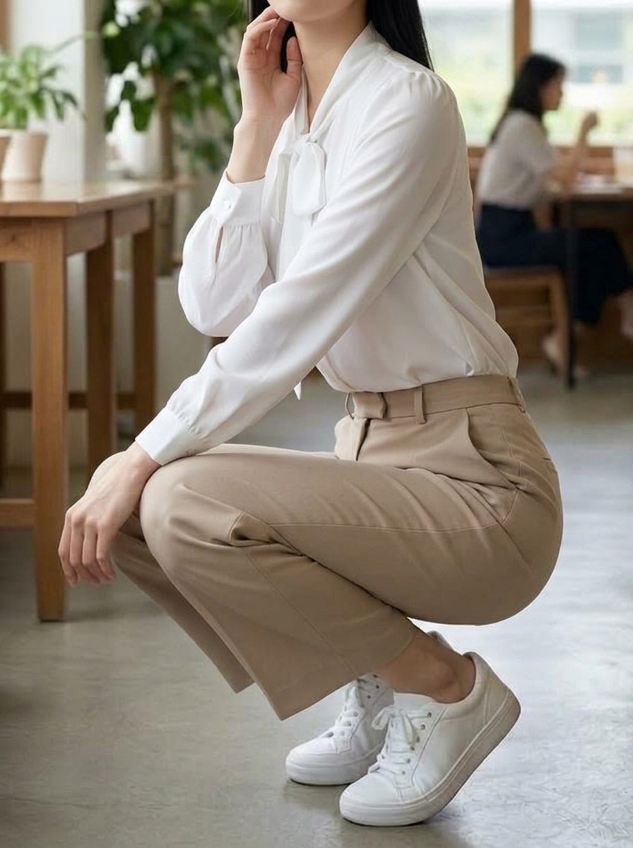 화이트 타이 블라우스와 베이지 팬츠 앉은 착용 컷