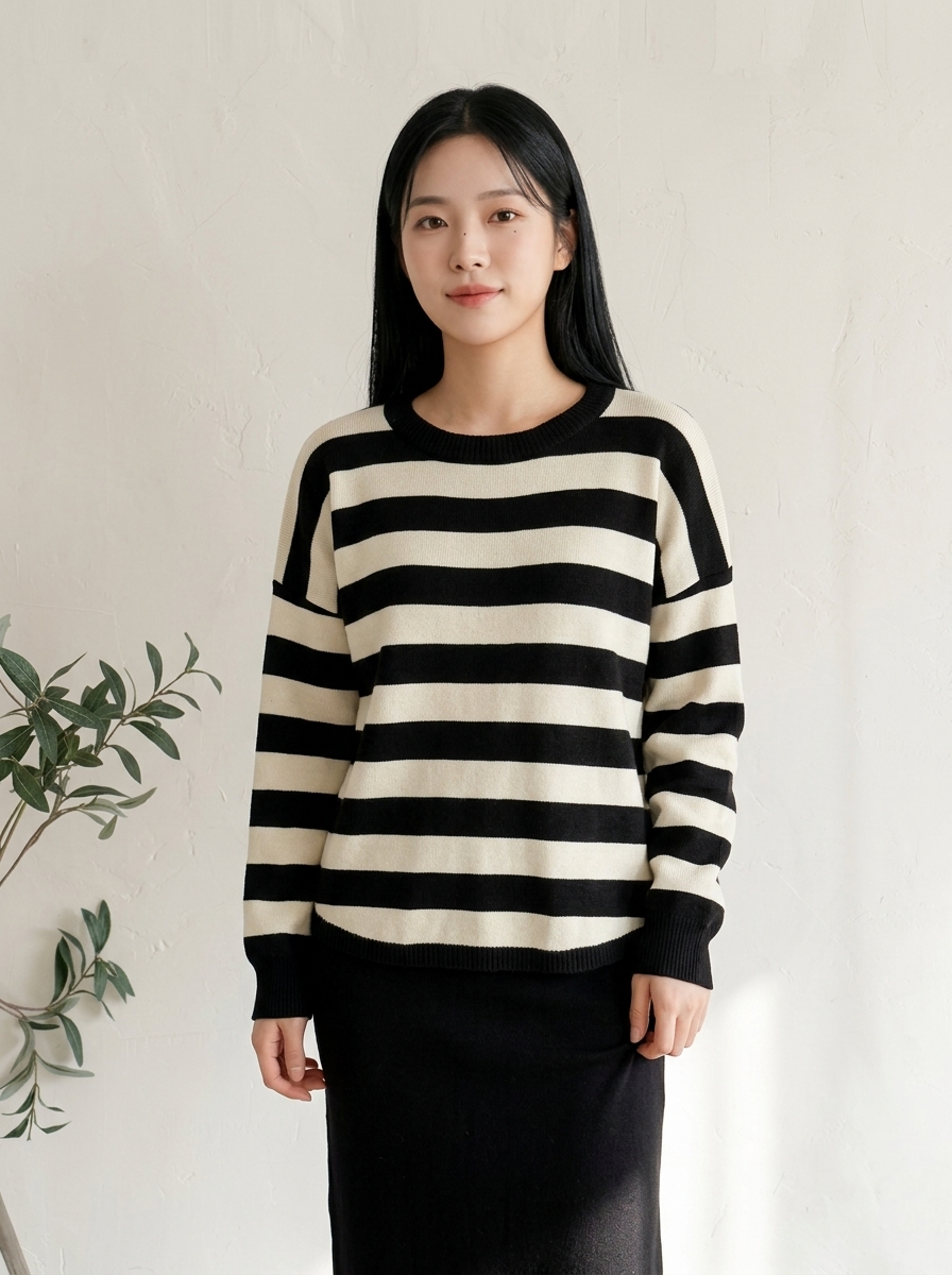 블랙 스트라이프 니트 실내 착용 감성 컷
