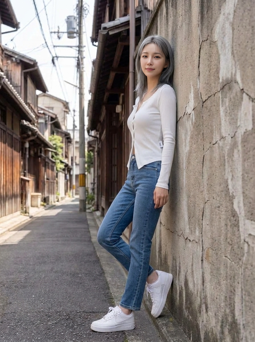 흰색 골지 가디건 벽에 기댄 측면 착용컷