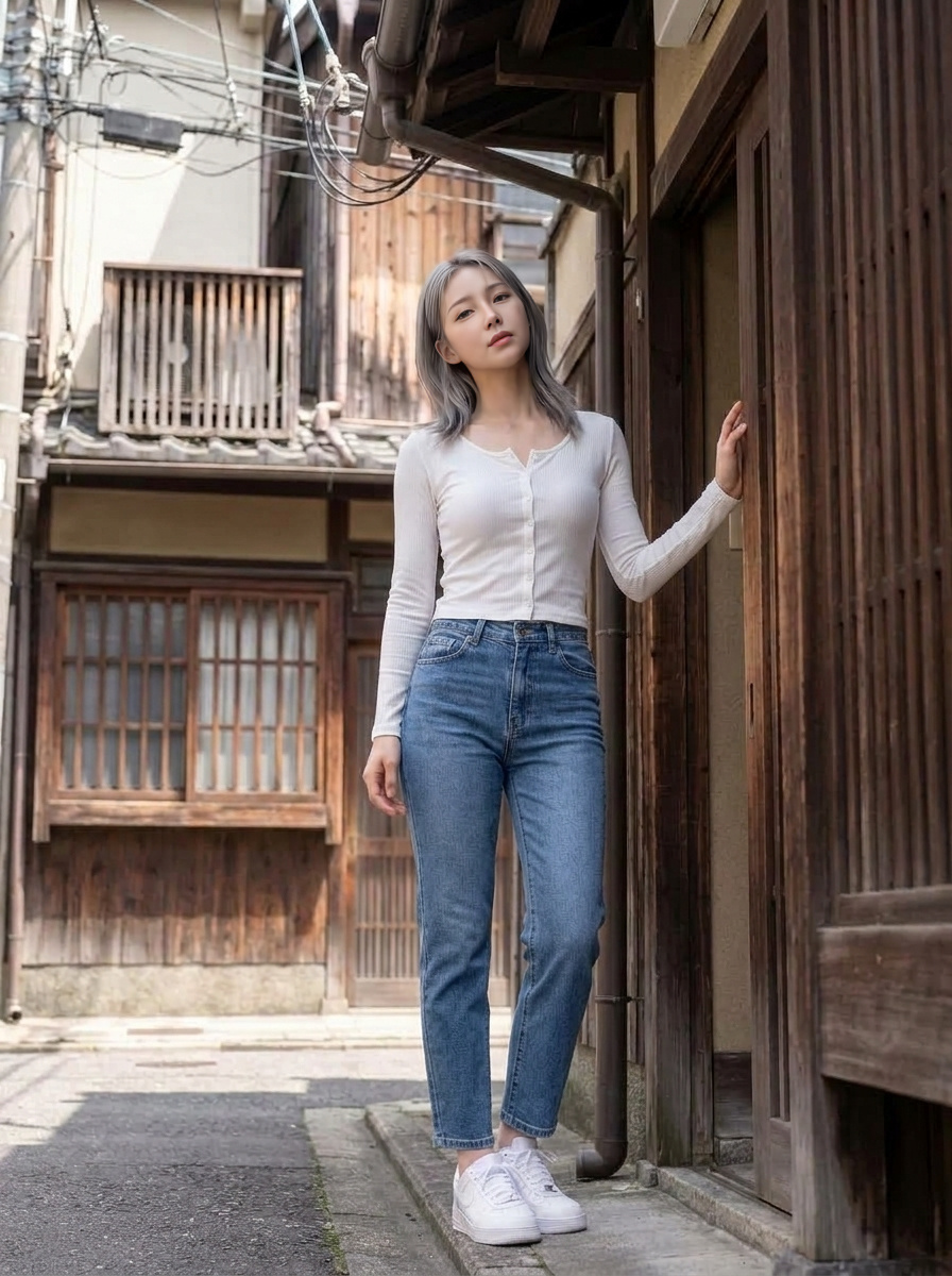흰색 골지 가디건 전신 착용컷 골목 배경