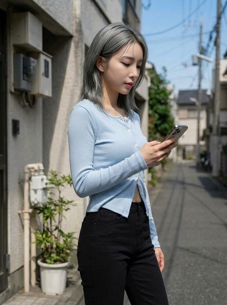 블루 골지 가디건 측면 착용컷 스마트폰 들고