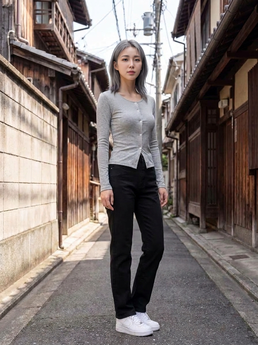 그레이 골지 가디건 전신 착용컷 골목 배경