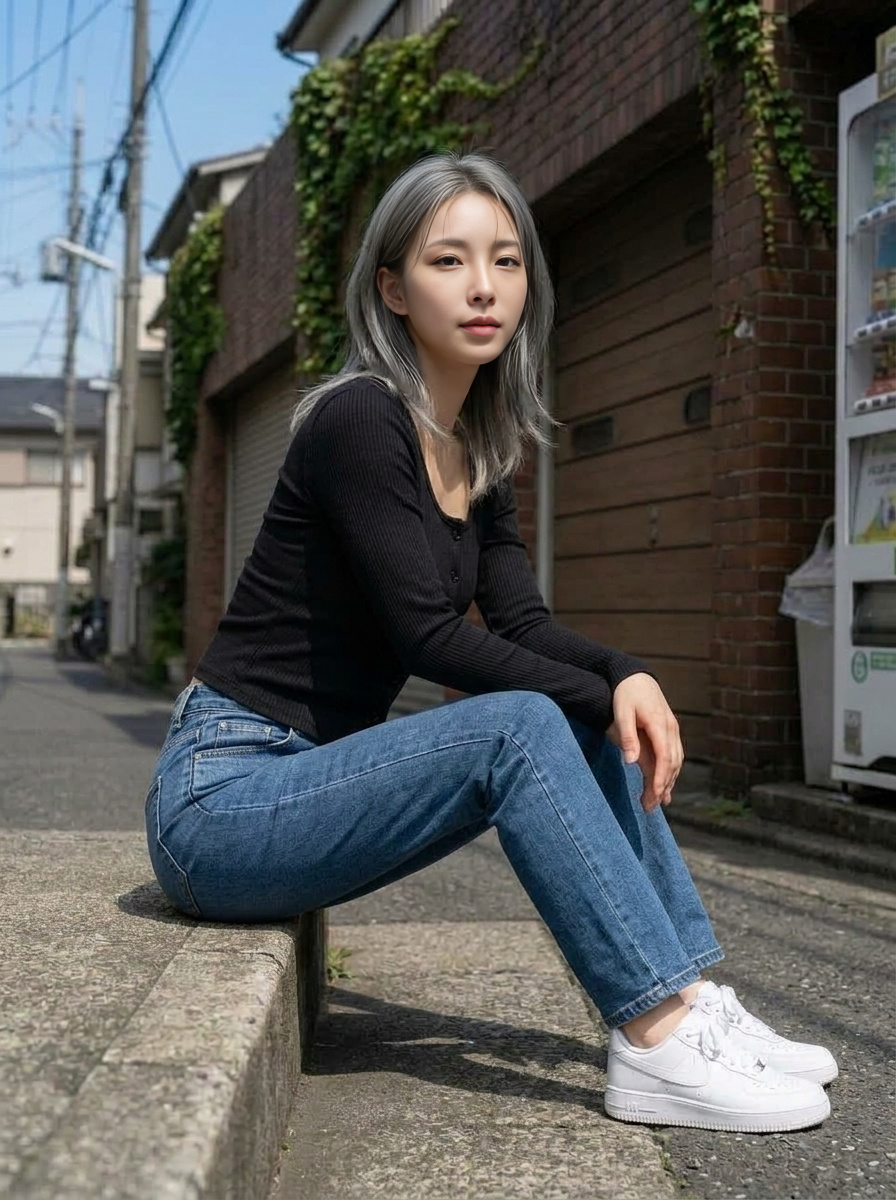 블랙 골지 가디건 계단에 앉은 착용컷